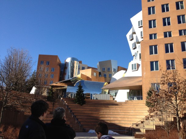 The MIT Stata Center. It looks like it was built by Dr. Seuss. There are almost no  linear lines on the inside!