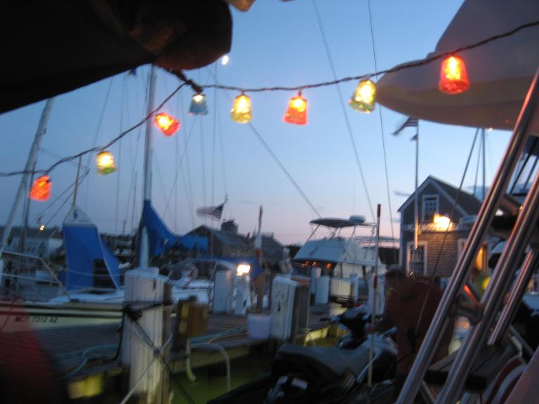 A string of lights hanging from the boom of our boat at Martha's Vineyard, 2008
