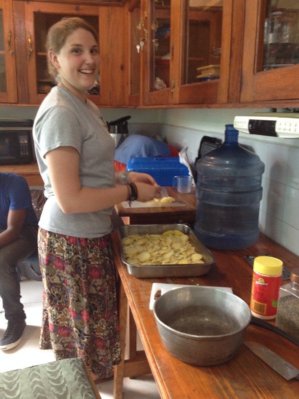 Cooking our first meal: scalloped potatoes.